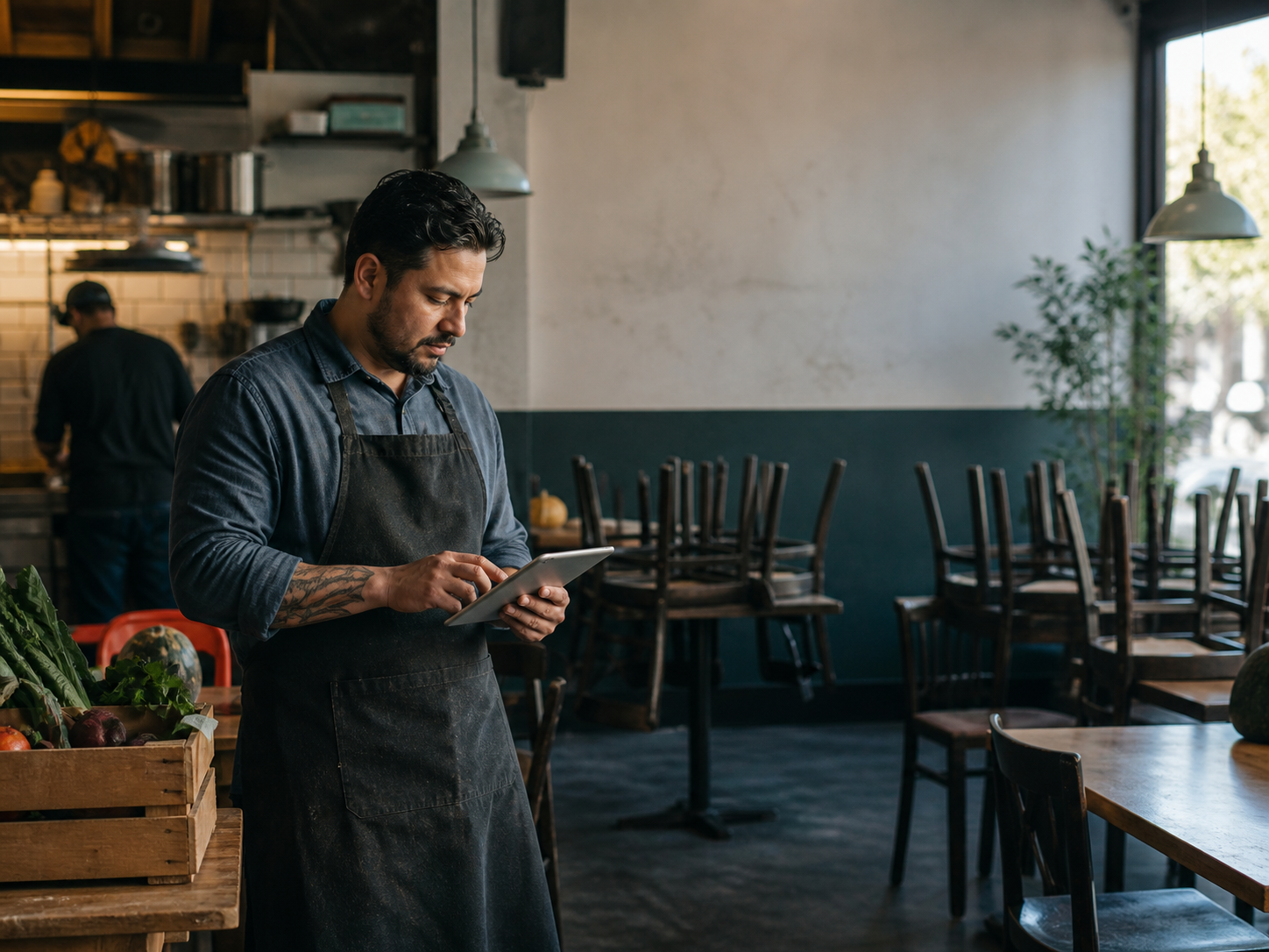 A restaurant owner reviewing numbers on a tablet in his dining room before opening